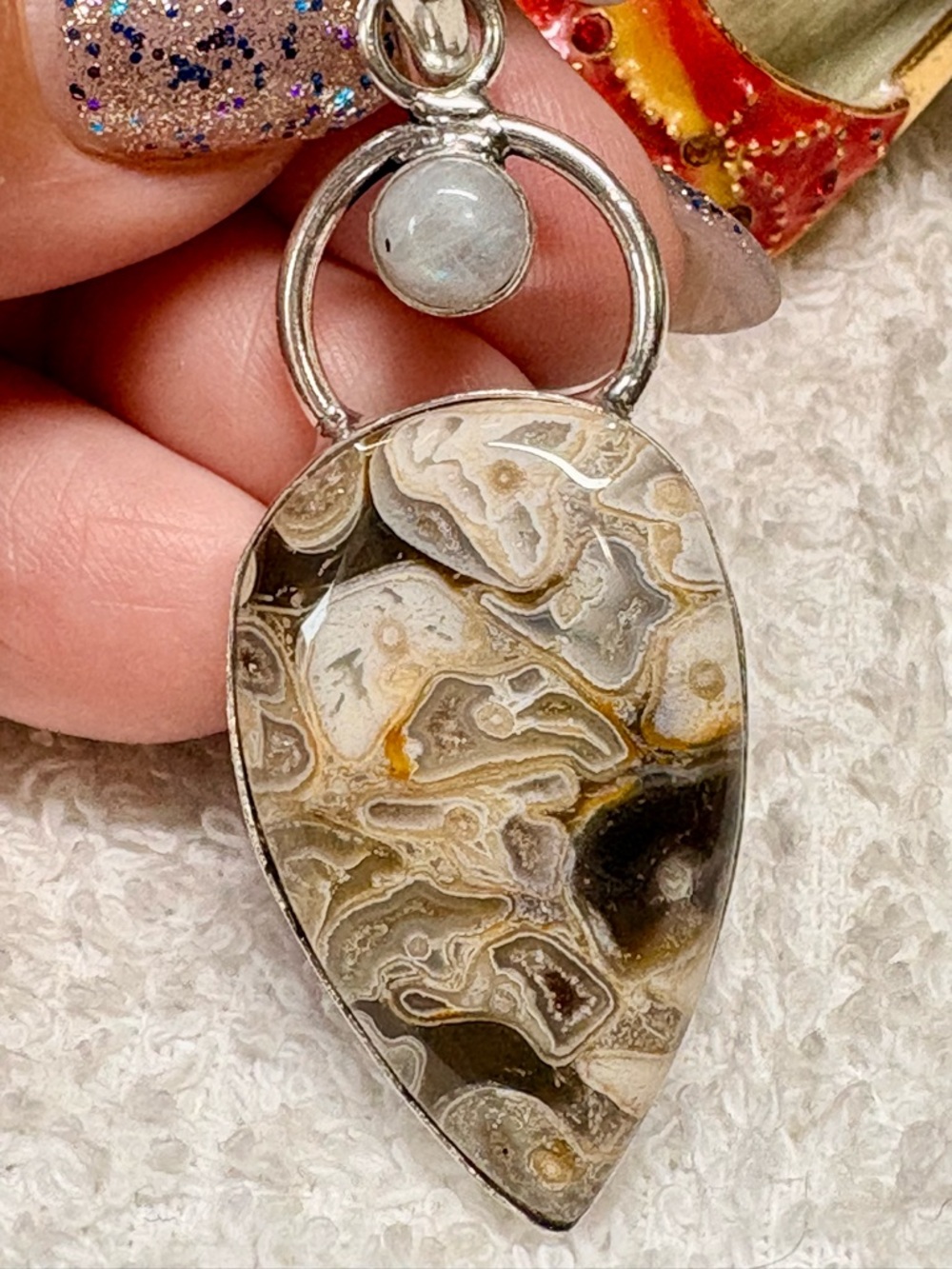 Silver Teardrop rock fossil with rainbow moonstones  Pendant 925